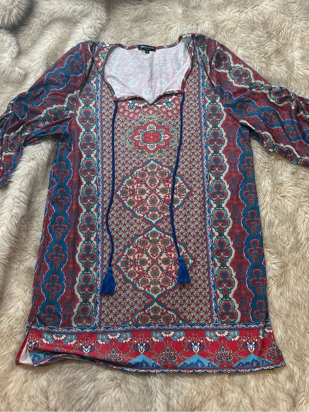 Boho Tie-Neck Printed Tunic - Red & Blue